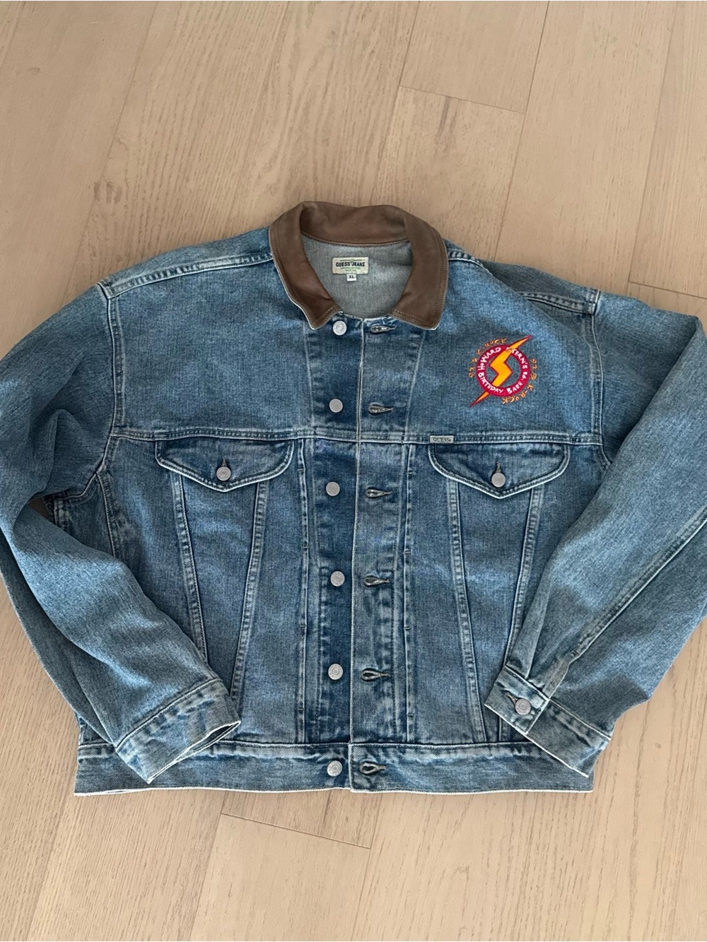 Vintage guess  Denim Jacket with Brown Corduroy and Howard stern embroidery